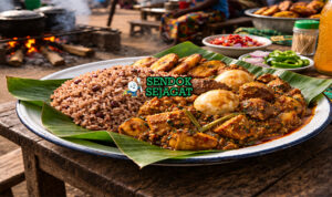 Ofada rice and ayamase khas Nigeria dengan nasi merah kenyal disiram saus hijau pedas kental berisi daging dan iru, disajikan hangat di piring tradisional