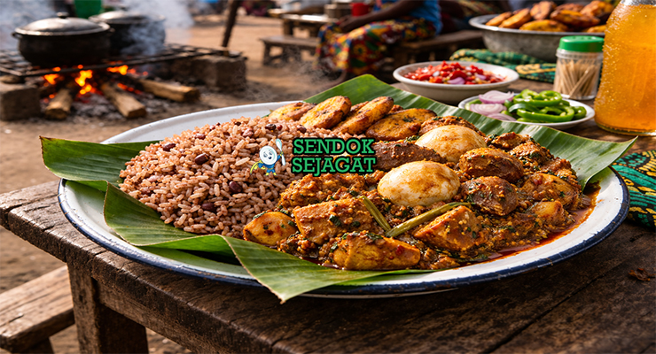Ofada rice and ayamase khas Nigeria dengan nasi merah kenyal disiram saus hijau pedas kental berisi daging dan iru, disajikan hangat di piring tradisional