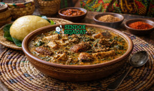 Ogbono soup khas Nigeria dengan kuah hijau kental berisi daging sapi, periwinkle, dan daun ugu segar, disajikan hangat di mangkuk tradisional