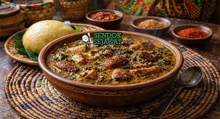 Ogbono soup khas Nigeria dengan kuah hijau kental berisi daging sapi, periwinkle, dan daun ugu segar, disajikan hangat di mangkuk tradisional