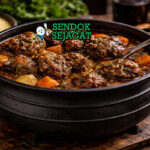 Oxtail Potjie khas Afrika Selatan dengan buntut sapi empuk lepas tulang, wortel kentang kental kuah merah, tampak gurih hangat menggugah selera