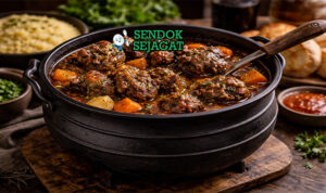 Oxtail Potjie khas Afrika Selatan dengan buntut sapi empuk lepas tulang, wortel kentang kental kuah merah, tampak gurih hangat menggugah selera