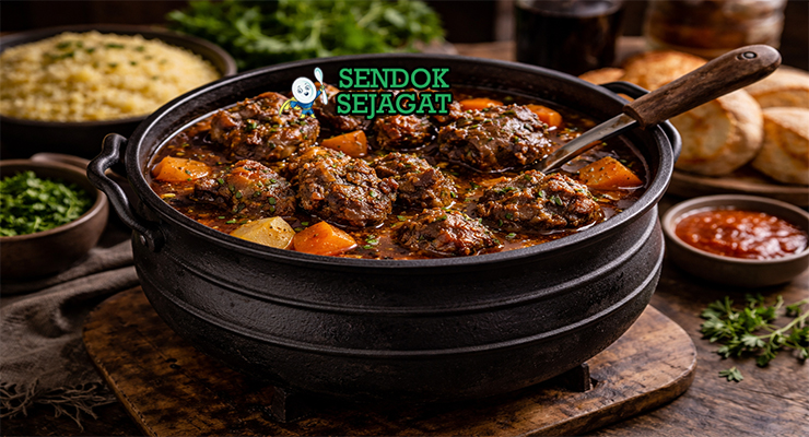 Oxtail Potjie khas Afrika Selatan dengan buntut sapi empuk lepas tulang, wortel kentang kental kuah merah, tampak gurih hangat menggugah selera