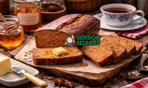 Pain d'Épices khas Prancis dengan roti cokelat keemasan beraroma rempah kayu manis dan jahe, dipotong tebal di piring putih