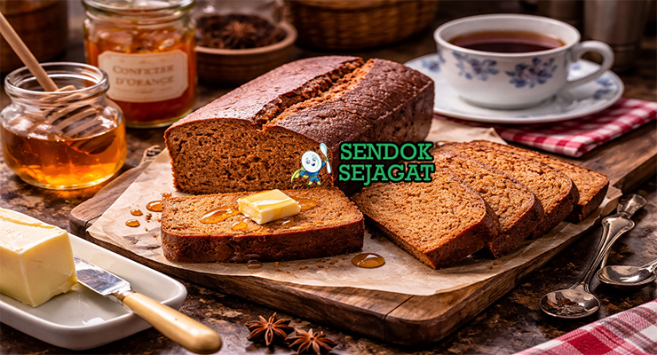 Pain d'Épices khas Prancis dengan roti cokelat keemasan beraroma rempah kayu manis dan jahe, dipotong tebal di piring putih