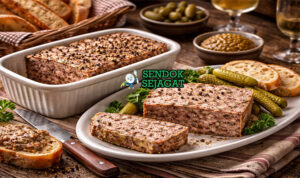 Pâté de Campagne khas Prancis dengan terin daging kasar berwarna cokelat keemasan, diiris tebal di piring putih bersama roti baguette dan cornichon