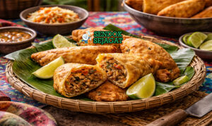 Pate Kòde Siap Sajian dengan Renyah Menggoda Pate Kòde khas Haiti dengan pastry renyah keemasan berisi daging cincang pedas gurih, disajikan hangat di piring sebagai camilan jalanan