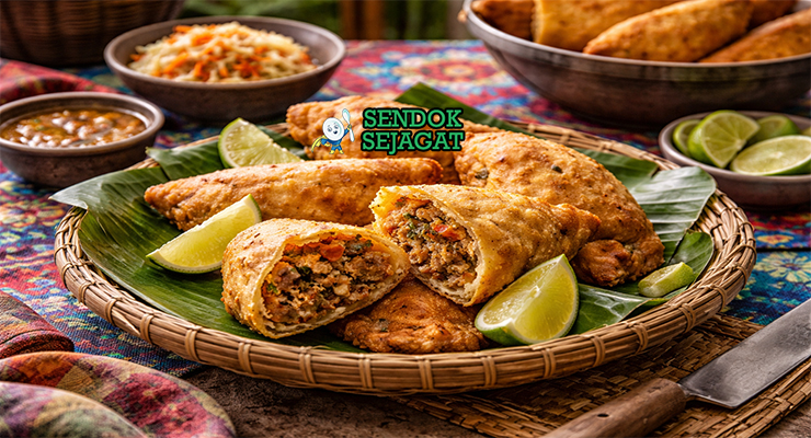 Pate Kòde khas Haiti dengan pastry renyah keemasan berisi daging cincang pedas gurih, disajikan hangat di piring sebagai camilan jalanan