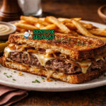 Patty Melt khas Amerika dengan roti panggang renyah, patty daging juicy, bawang karamel manis, keju cheddar leleh meluber, tampak gurih hangat menggugah selera
