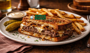 Patty Melt khas Amerika dengan roti panggang renyah, patty daging juicy, bawang karamel manis, keju cheddar leleh meluber, tampak gurih hangat menggugah selera