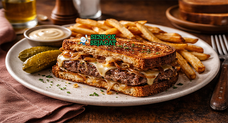 Patty Melt khas Amerika dengan roti panggang renyah, patty daging juicy, bawang karamel manis, keju cheddar leleh meluber, tampak gurih hangat menggugah selera