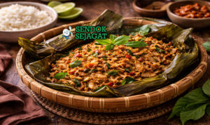 Pepes Tongkol Suwir khas Jawa Timur dibungkus daun pisang, tongkol suwir santan kental dengan kemangi segar, tampak gurih pedas menggugah selera