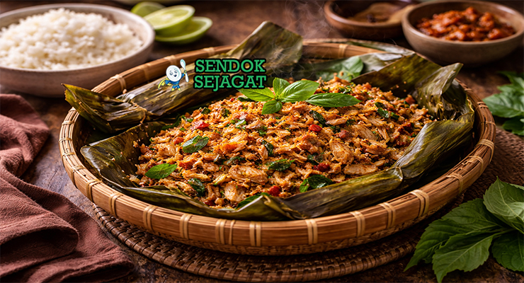 Pepes Tongkol Suwir khas Jawa Timur dibungkus daun pisang, tongkol suwir santan kental dengan kemangi segar, tampak gurih pedas menggugah selera