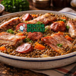 Petit Salé aux Lentilles khas Prancis dengan potongan daging babi asin empuk dan kacang lentil dalam kuah kental, disajikan hangat di mangkuk besar