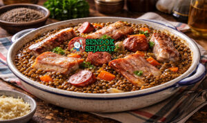 Petit Salé aux Lentilles khas Prancis dengan potongan daging babi asin empuk dan kacang lentil dalam kuah kental, disajikan hangat di mangkuk besar