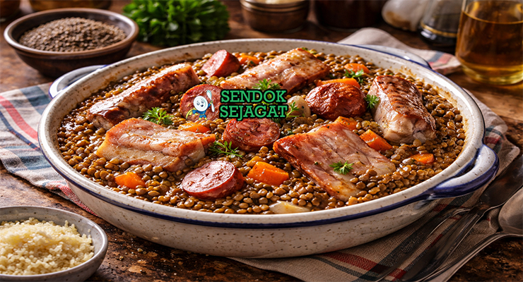 Petit Salé aux Lentilles khas Prancis dengan potongan daging babi asin empuk dan kacang lentil dalam kuah kental, disajikan hangat di mangkuk besar