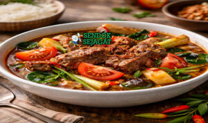 Pindang Tulang Iga Sapi khas Palembang dengan iga empuk lepas tulang, kuah asam pedas kuning nanas, tampak gurih hangat menggugah selera