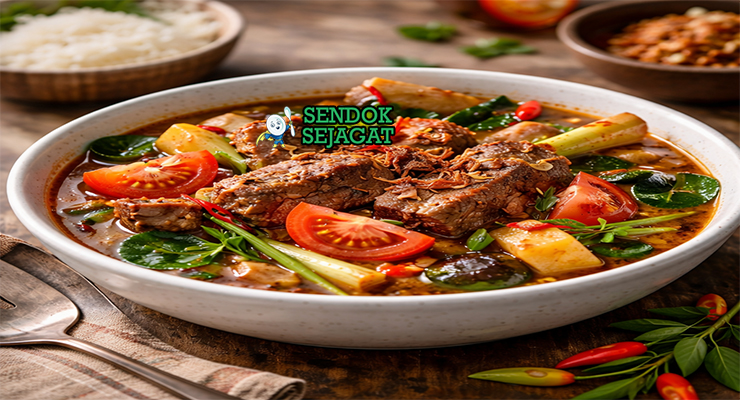 Pindang Tulang Iga Sapi khas Palembang dengan iga empuk lepas tulang, kuah asam pedas kuning nanas, tampak gurih hangat menggugah selera