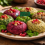 Pkhali khas Georgia dengan pasta sayur bayam halus creamy, tabur biji delima, tampak segar gurih menggugah selera