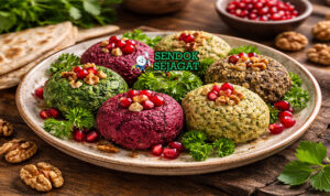 Pkhali khas Georgia dengan pasta sayur bayam halus creamy, tabur biji delima, tampak segar gurih menggugah selera