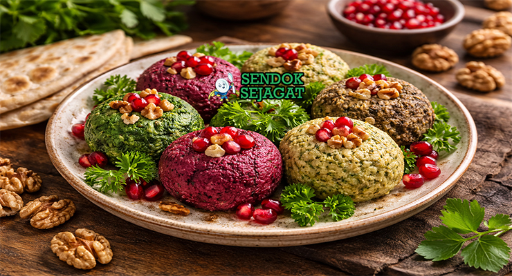 Pkhali khas Georgia dengan pasta sayur bayam halus creamy, tabur biji delima, tampak segar gurih menggugah selera