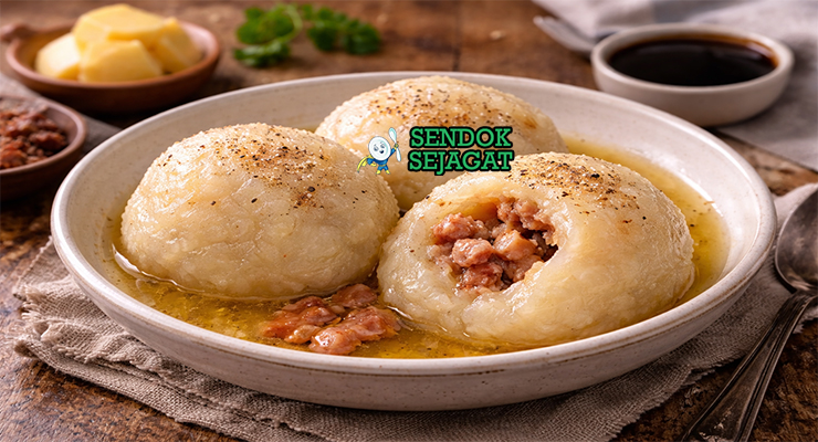 Poutine Râpée khas Kanada dengan dumpling kentang parut lembut, isi daging babi gurih, disiram mentega, tampak hangat menggugah selera