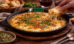 Provoleta Siap Sajikan Panas dengan Chimichurri Provoleta khas Argentina keju provolone panggang meleleh dengan oregano dan cabai, disajikan hangat bersama roti dan chimichurri