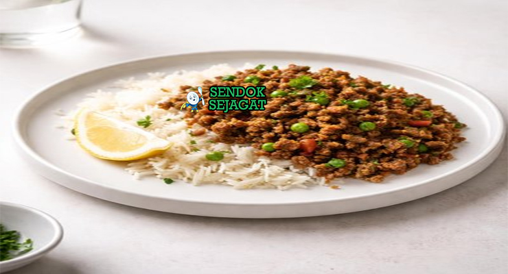 Qeema khas Irak dengan daging sapi cincang empuk, kacang polong manis, bawang karamel kecokelatan, tampak gurih hangat menggugah selera