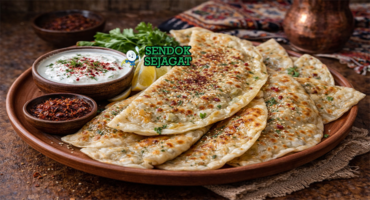 Qutab khas Azerbaijan dengan roti tipis renyah kecokelatan, isian daging cincang gurih, tampak harum menggugah selera