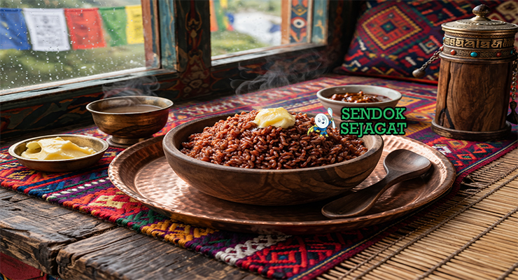 Red rice khas Bhutan dengan butir nasi merah kenyal beraroma mentega dan bawang, disajikan hangat di mangkuk sederhana ala rumah Bhutan