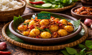 Sambal goreng telur puyuh khas Jawa Tengah dengan telur puyuh kecil berbalut sambal merah pedas manis, disajikan hangat di piring bersama nasi putih