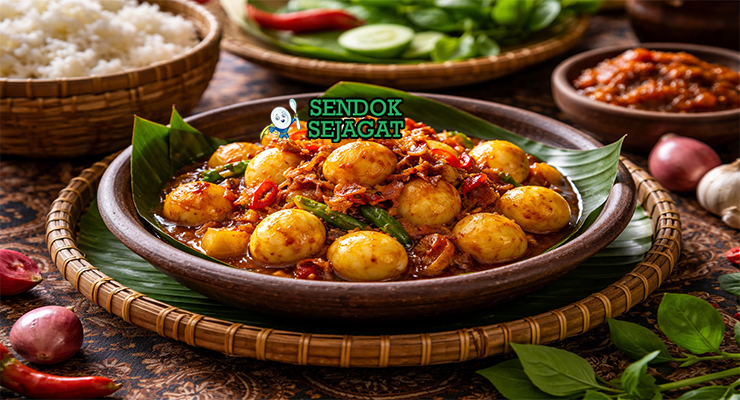 Sambal goreng telur puyuh khas Jawa Tengah dengan telur puyuh kecil berbalut sambal merah pedas manis, disajikan hangat di piring bersama nasi putih