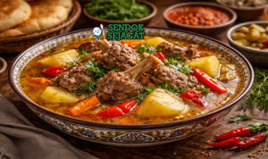 Shurpa khas Uzbekistan dengan daging domba empuk, wortel kentang kental kuah, tampak gurih hangat menggugah selera