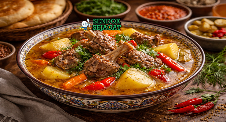 Shurpa khas Uzbekistan dengan daging domba empuk, wortel kentang kental kuah, tampak gurih hangat menggugah selera