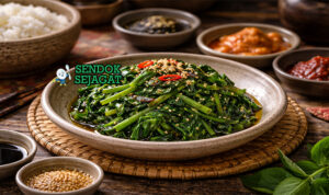 Sigeumchi Namul khas Korea dengan bayam hijau cerah dibalut saus wijen gurih, disajikan dingin di mangkuk putih sebagai banchan