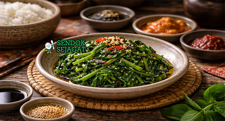 Sigeumchi Namul khas Korea dengan bayam hijau cerah dibalut saus wijen gurih, disajikan dingin di mangkuk putih sebagai banchan