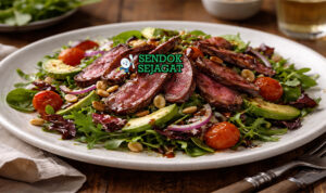 Smoked Kangaroo Salad khas Australia dengan daging kanguru asap juicy, rocket segar, bit manis, feta crumble, tampak gurih menggugah selera