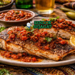 Snapper with Bush Tomato Chutney khas Australia dengan fillet snapper panggang renyah, disiram chutney tomat liar segar pedas, disajikan hangat di piring putih