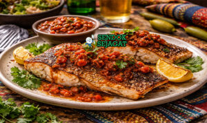 Snapper with Bush Tomato Chutney khas Australia dengan fillet snapper panggang renyah, disiram chutney tomat liar segar pedas, disajikan hangat di piring putih