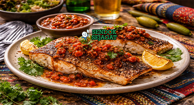 Snapper with Bush Tomato Chutney khas Australia dengan fillet snapper panggang renyah, disiram chutney tomat liar segar pedas, disajikan hangat di piring putih