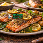 Tasmanian Salmon with Lemon Myrtle khas Australia dengan fillet salmon segar berkulit crispy keemasan, taburan lemon myrtle, disajikan hangat di piring putih bersama irisan lemon