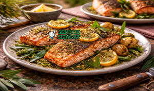 Tasmanian Salmon with Lemon Myrtle khas Australia dengan fillet salmon segar berkulit crispy keemasan, taburan lemon myrtle, disajikan hangat di piring putih bersama irisan lemon