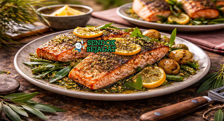 Tasmanian Salmon with Lemon Myrtle khas Australia dengan fillet salmon segar berkulit crispy keemasan, taburan lemon myrtle, disajikan hangat di piring putih bersama irisan lemon