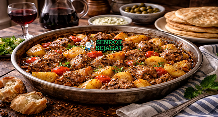 Tavas khas Siprus dengan potongan daging domba empuk, kentang besar, bawang bombay, dan kuah tomat beraroma jintan serta kayu manis, disajikan hangat di pot tanah liat