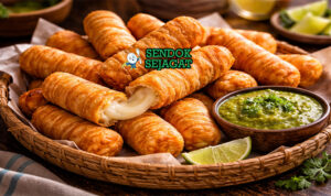 Tequeños khas Venezuela dengan stick keju goreng kecokelatan kriuk, keju meleleh di dalam, tampak gurih menggugah selera