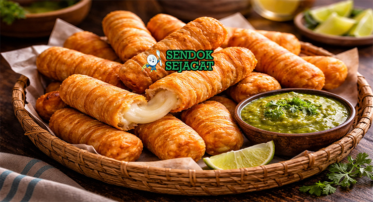 Tequeños khas Venezuela dengan stick keju goreng kecokelatan kriuk, keju meleleh di dalam, tampak gurih menggugah selera