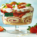 Trifle khas Inggris di mangkuk kaca transparan dengan lapisan sponge cake, custard vanila, buah segar berwarna-warni, whipped cream, tampak manis segar menggugah selera