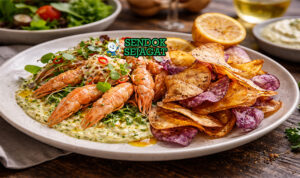 Yabbies with Yam Crisps khas Australia dengan lobster air tawar juicy, keripik yam renyah, rocket segar, tampak gurih menggugah selera