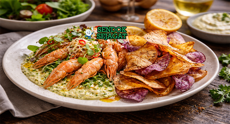 Yabbies with Yam Crisps khas Australia dengan lobster air tawar juicy, keripik yam renyah, rocket segar, tampak gurih menggugah selera