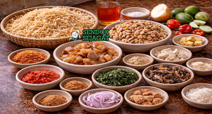 Bahan segar resep abacha seperti abacha kering, ugba, minyak kelapa sawit, udang kering, ehuru, potash, bawang bombai, dan ikan kering siap diolah